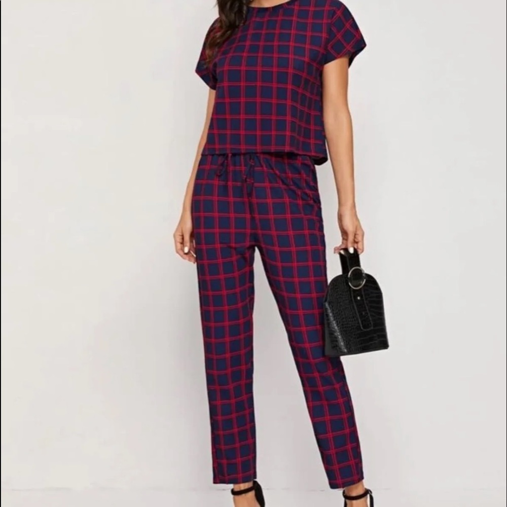 Plaid top & drawstring waist pants